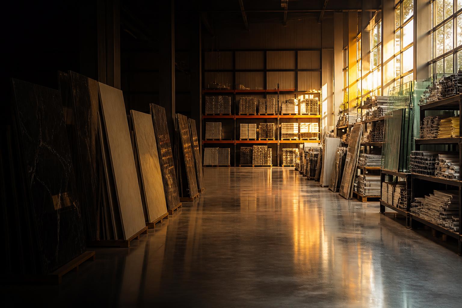 Premium building materials warehouse with marble, glass and aluminium supplies